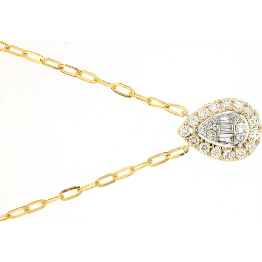 14K Yellow Gold Pear-Shaped Diamond Necklace with Baguette and Round Diamond Cluster Halo - 0.50 Carat Total Diamond Weight - Royal Jewelry