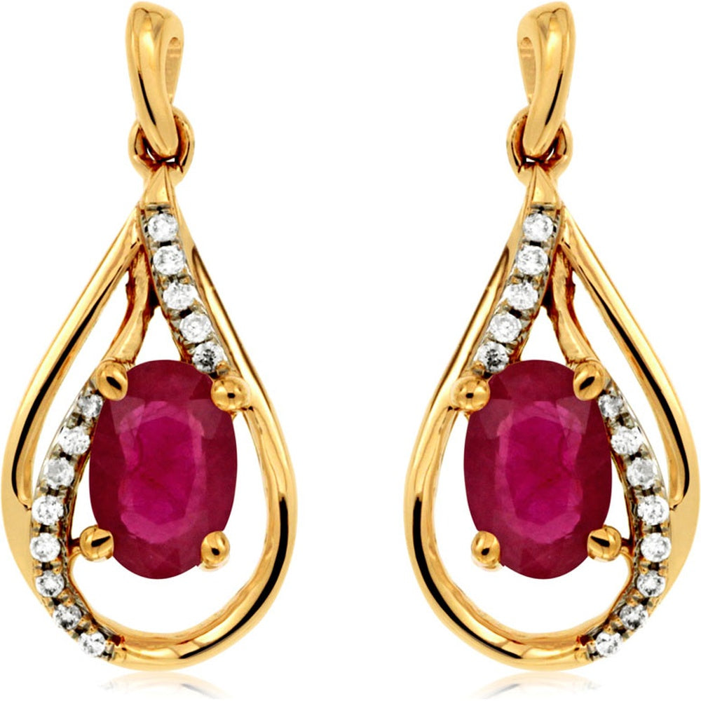 14K Yellow Gold Pear-Shaped Drop Earrings with Oval Rubies and Diamond Accents - 1.10 Carat Total Ruby Weight and 0.10 Carat Total Diamond Weight - Royal Jewelry