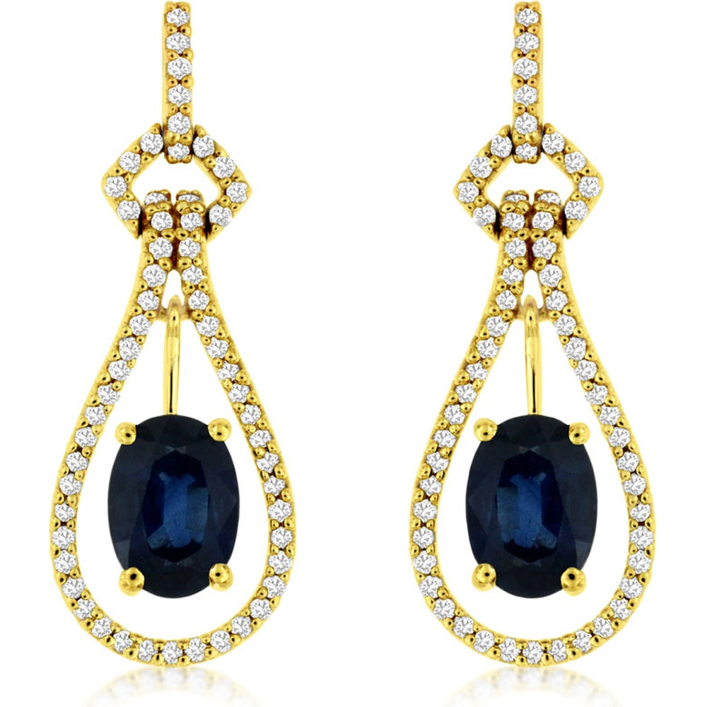 14K Yellow Gold Pear-Shaped Drop Earrings with Oval Sapphires and Pavé-Set Round Diamonds - 2.00 Carat Total Sapphire Weight and 0.34 Carat Total Diamond Weight - Royal Jewelry