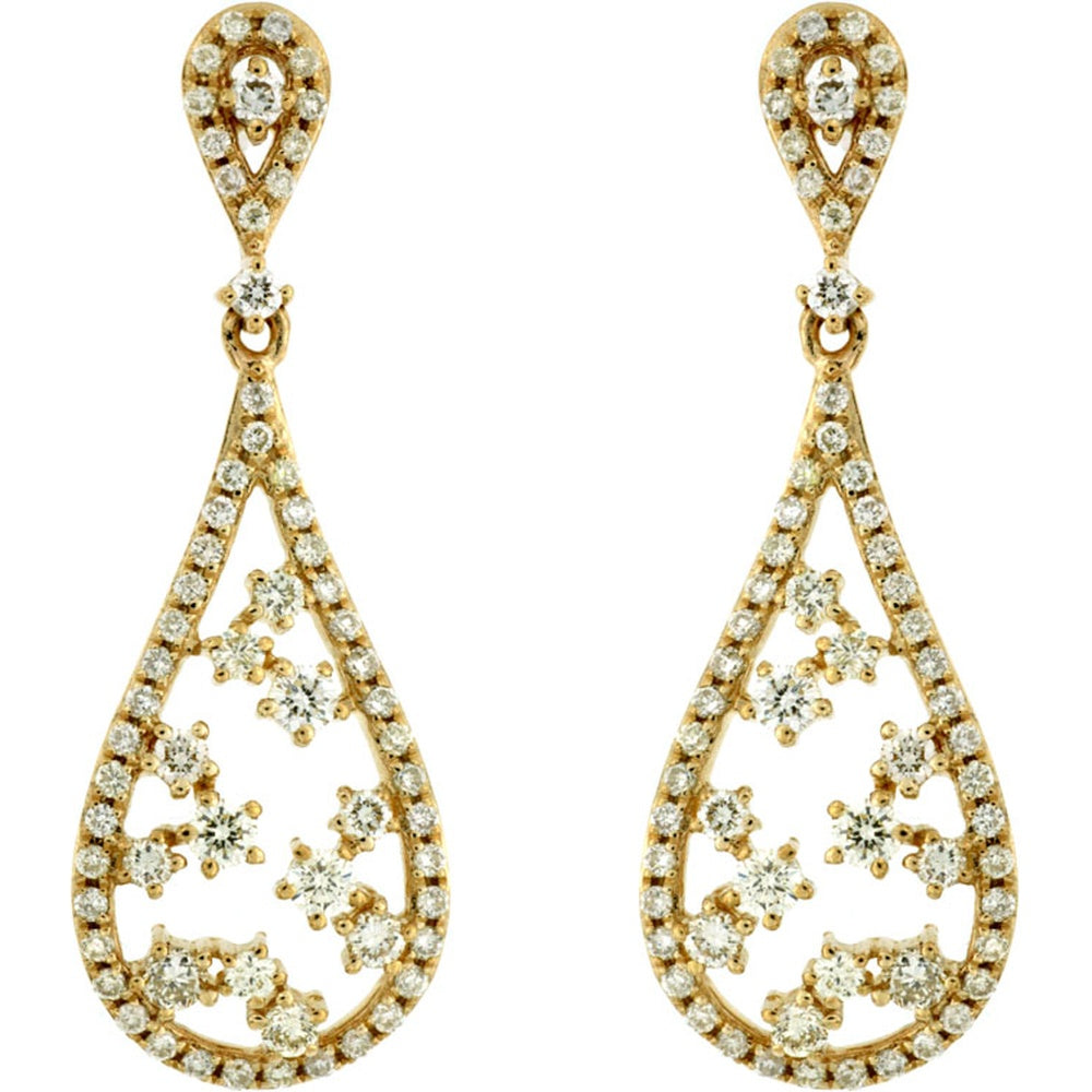 14K Yellow Gold Pear-Shaped Drop Earrings with Prong-Set Round Diamond Floral Clusters - 0.93 Carat Total Diamond Weight - Royal Jewelry