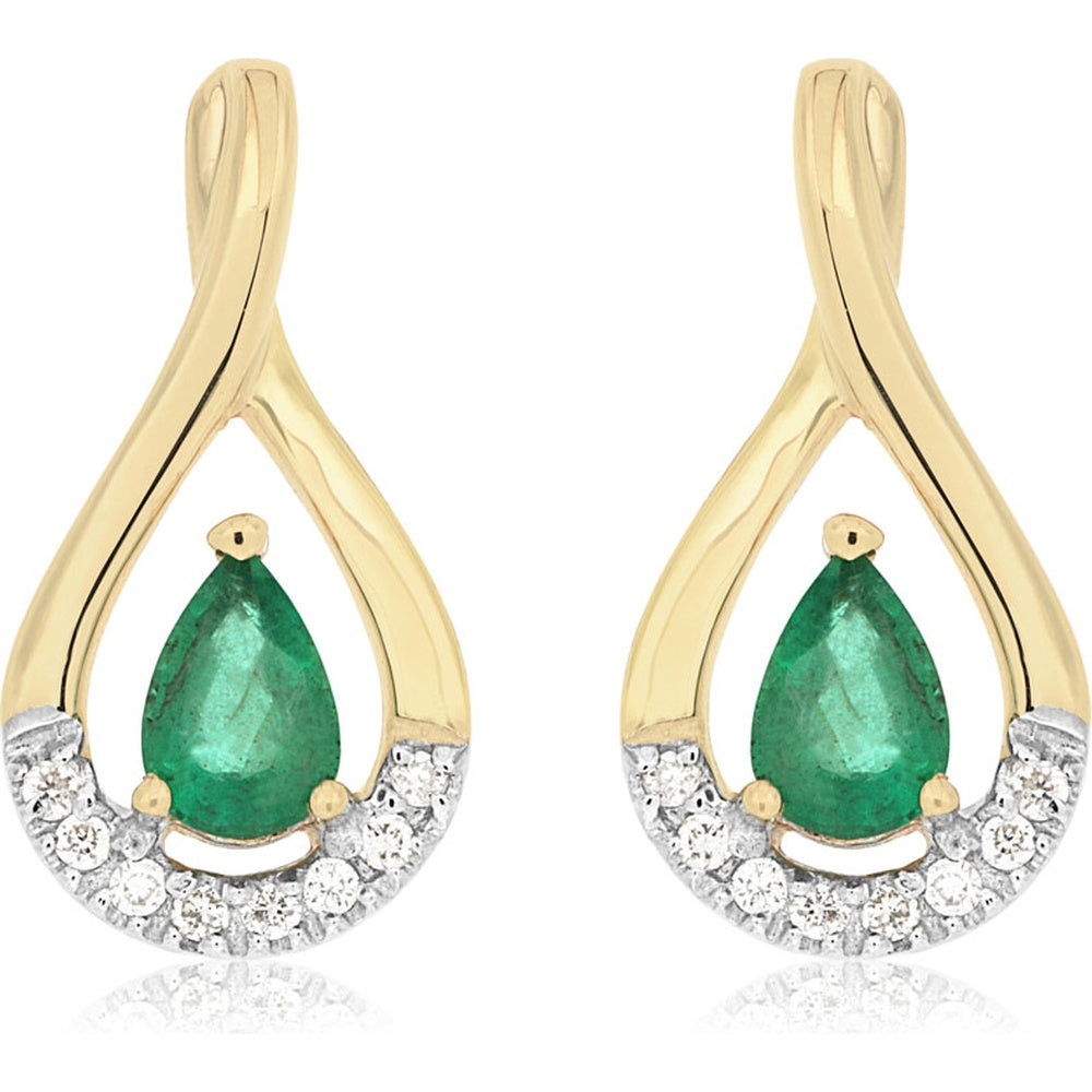 14K Yellow Gold Pear-Shaped Emerald and Diamond Drop Earrings - 0.75 Carat Total Emerald Weight and 0.12 Carat Total Diamond Weight - Royal Jewelry