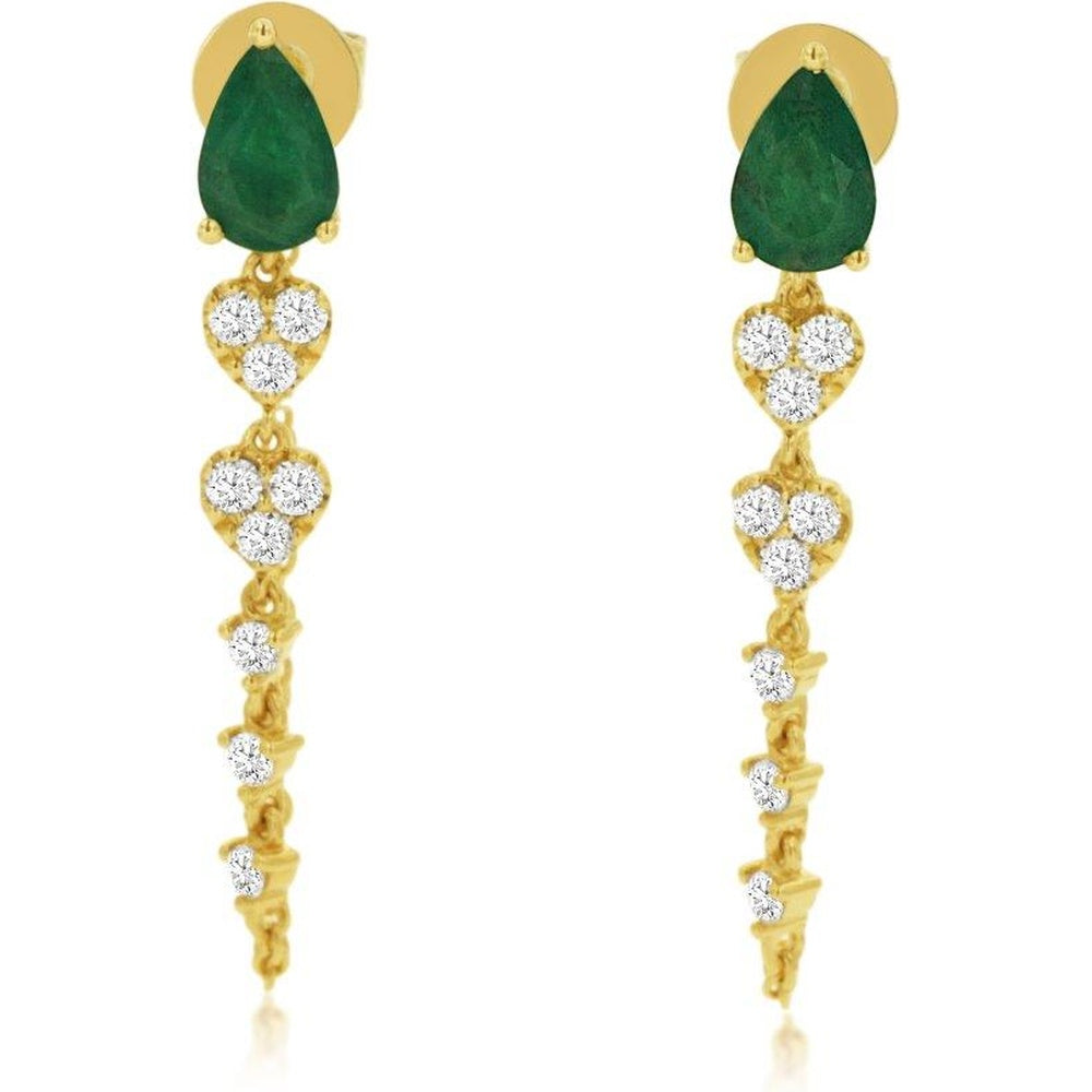 14K Yellow Gold Pear-Shaped Emerald and Diamond Drop Earrings - 0.80 Carat Total Emerald Weight and 0.35 Carat Total Diamond Weight - Royal Jewelry