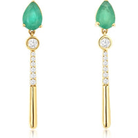 14K Yellow Gold Pear-Shaped Emerald and Diamond Drop Earrings with Bezel and Pavé Accents - 0.80 Carat Total Emerald Weight, 0.14 Carat Total Diamond Weight - Royal Jewelry