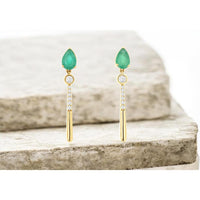 14K Yellow Gold Pear-Shaped Emerald and Diamond Drop Earrings with Bezel and Pavé Accents - 0.80 Carat Total Emerald Weight, 0.14 Carat Total Diamond Weight - Royal Jewelry