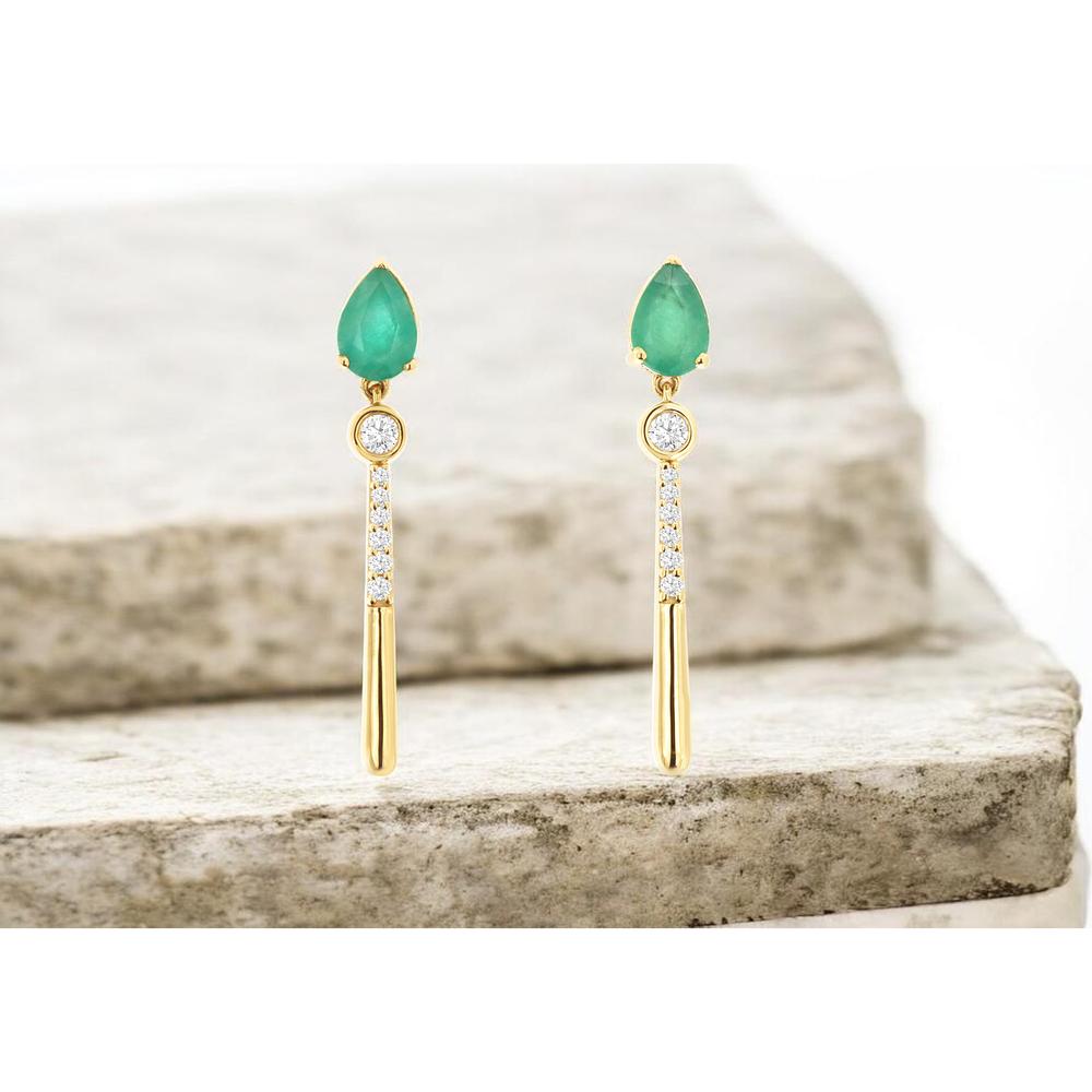 14K Yellow Gold Pear-Shaped Emerald and Diamond Drop Earrings with Bezel and Pavé Accents - 0.80 Carat Total Emerald Weight, 0.14 Carat Total Diamond Weight - Royal Jewelry