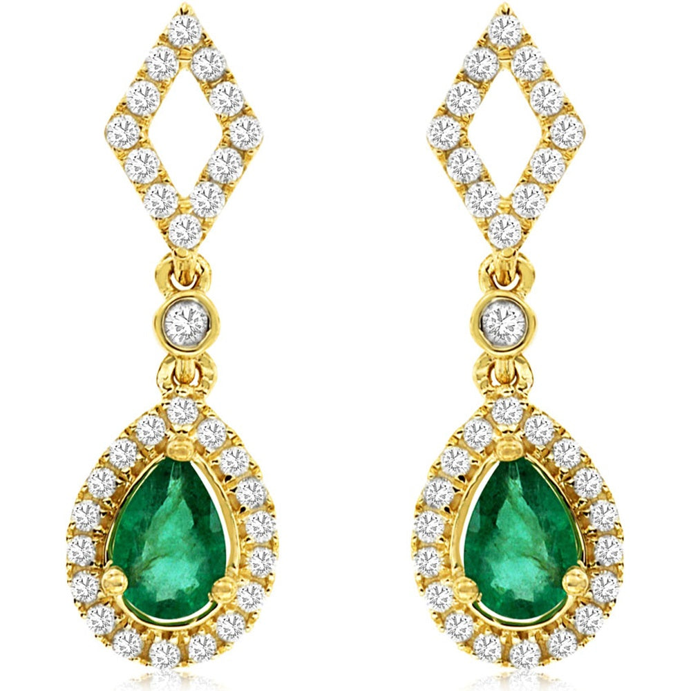 14K Yellow Gold Pear-Shaped Emerald and Diamond Halo Drop Earrings - 0.76 Carat Total Emerald Weight and 0.48 Carat Total Diamond Weight - Royal Jewelry