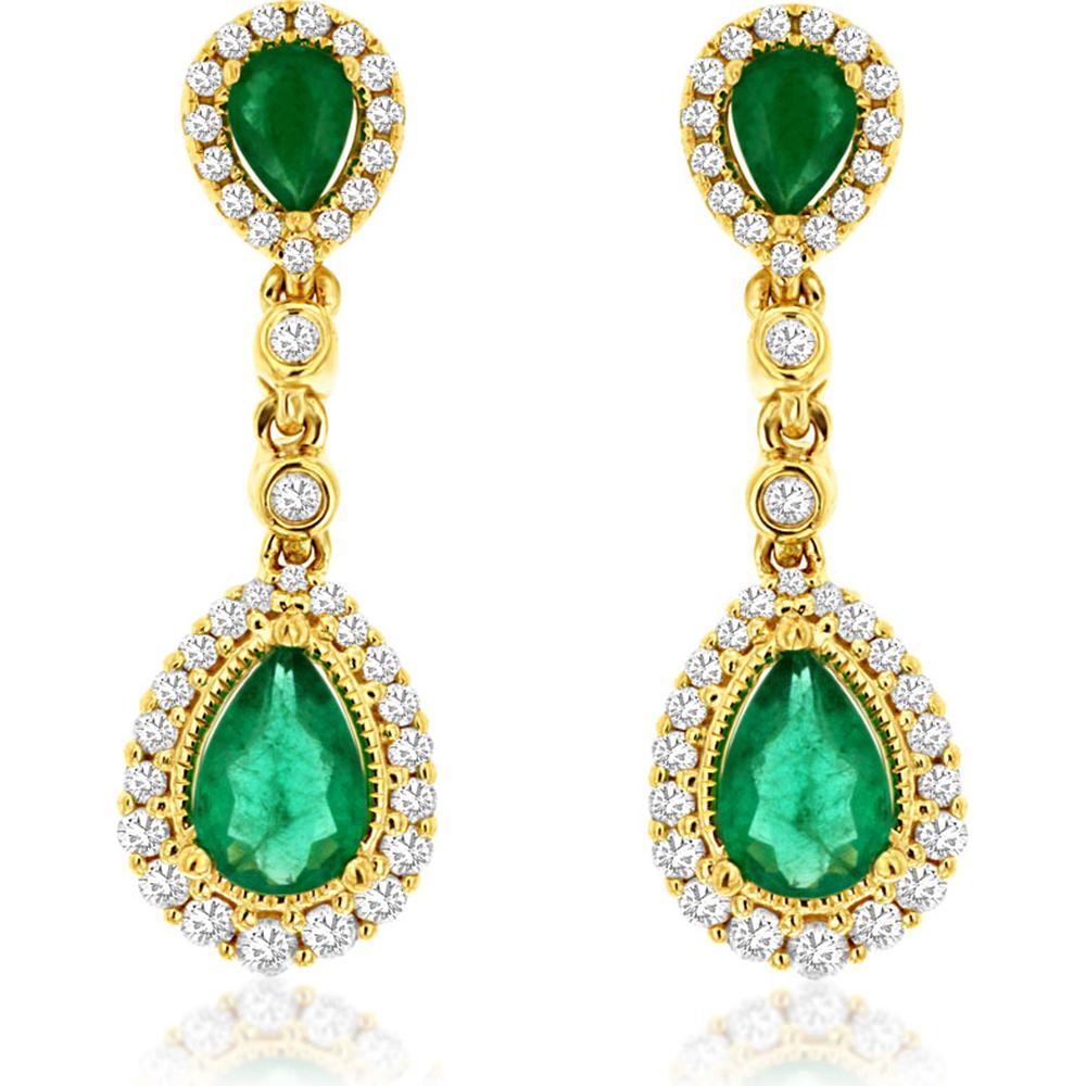 14K Yellow Gold Pear-Shaped Emerald and Diamond Halo Drop Earrings - 1.37 Carat Total Gemstone Weight - Royal Jewelry