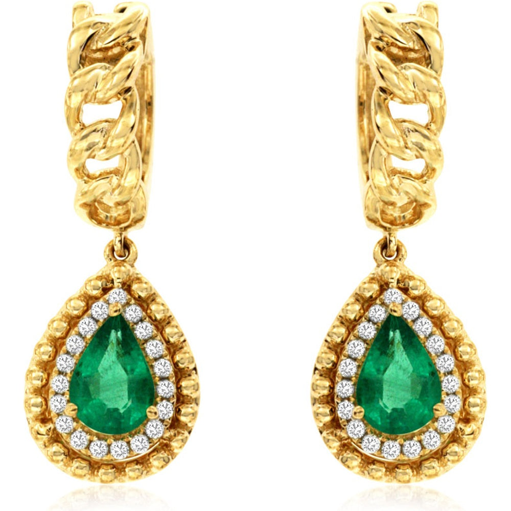 14K Yellow Gold Pear-Shaped Emerald and Diamond Halo Drop Earrings with Milgrain Detail and Curb Link Hoops - 0.76 Carat Total Emerald Weight and 0.13 Carat Total Diamond Weight - Royal Jewelry