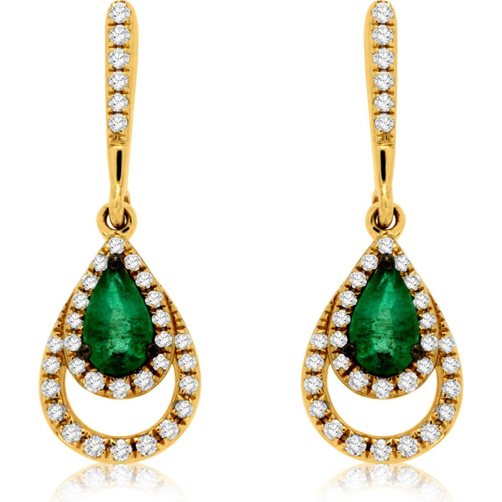 14K Yellow Gold Pear-Shaped Emerald and Diamond Halo Drop Earrings with Milgrain Detailing - 0.42 Carat Total Emerald Weight and 0.20 Carat Total Diamond Weight - Royal Jewelry