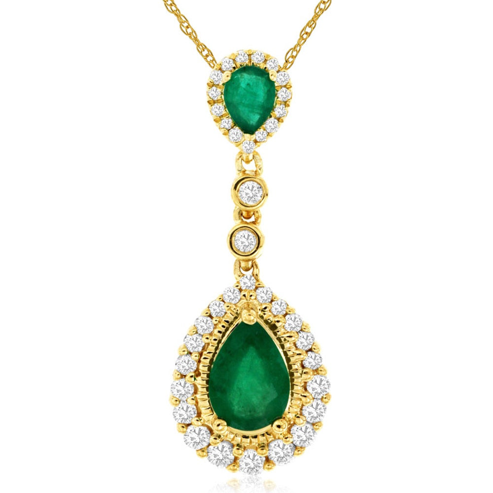 14K Yellow Gold Pear-Shaped Emerald and Diamond Halo Drop Pendant - 0.82 Carat Emerald Total Weight and 0.31 Carat Diamond Total Weight - Royal Jewelry