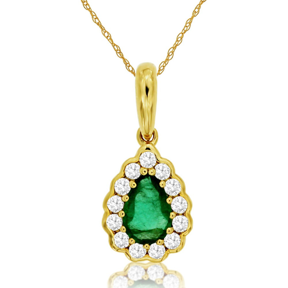 14K Yellow Gold Pear-Shaped Emerald and Diamond Halo Pendant Necklace - 0.38 Carat Emerald and 0.14 Carat Total Diamond Weight - Royal Jewelry