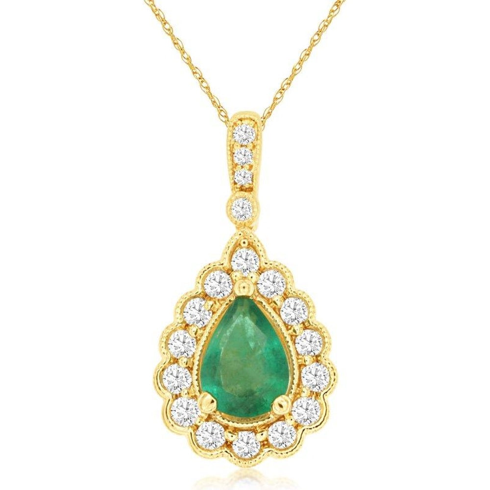 14K Yellow Gold Pear-Shaped Emerald and Diamond Halo Pendant with Pavé Bail - 0.68 Carat Emerald and 0.25 Carat Total Diamond Weight - Royal Jewelry