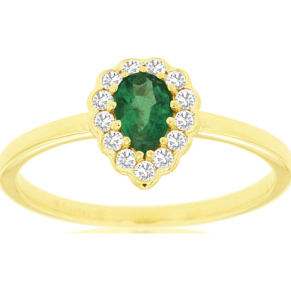 14K Yellow Gold Pear-Shaped Emerald & Diamond Halo Ring - 0.38 Carats Emerald, 0.14 Carats Total Diamond Weight