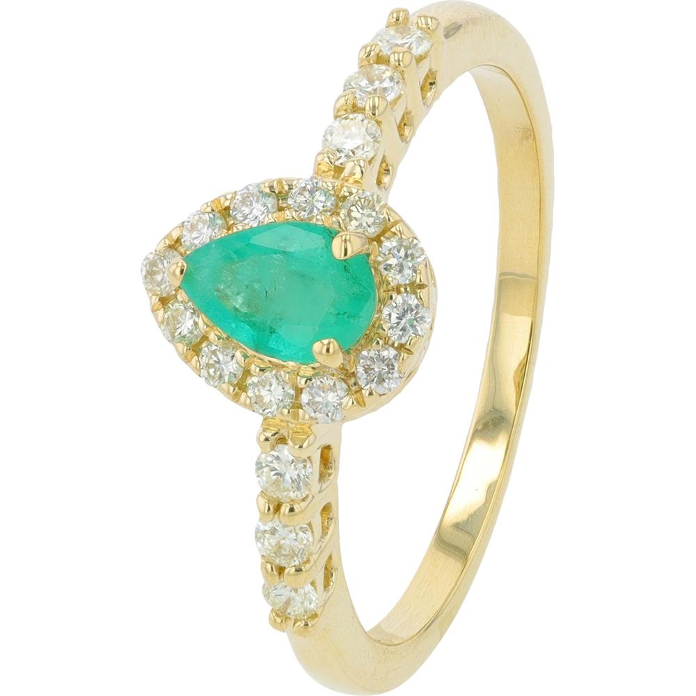 14K Yellow Gold Pear-Shaped Emerald and Diamond Halo Ring - 0.39 Carat Emerald, 0.26 Carat Diamond Total Weight