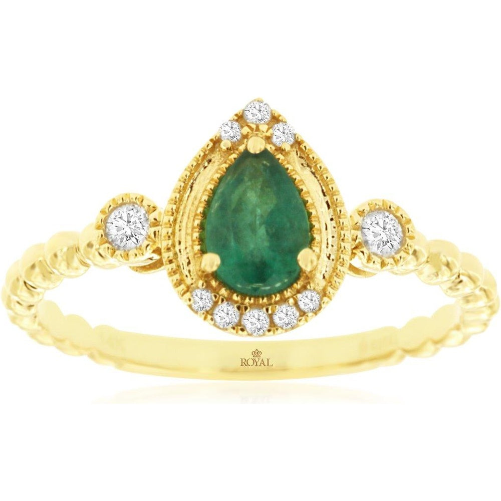 14K Yellow Gold Pear-Shaped Emerald and Diamond Halo Ring with Scalloped Band - 0.37 Carat Emerald and 0.10 Carat Total Diamond Weight - Royal Jewelry