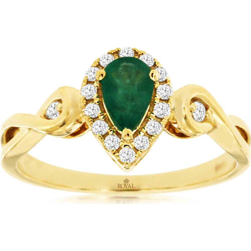 14K Yellow Gold Pear-Shaped Emerald and Diamond Halo Ring with Twisted Band - 0.38 Carat Emerald, 0.16 Carat Total Diamond Weight - Royal Jewelry
