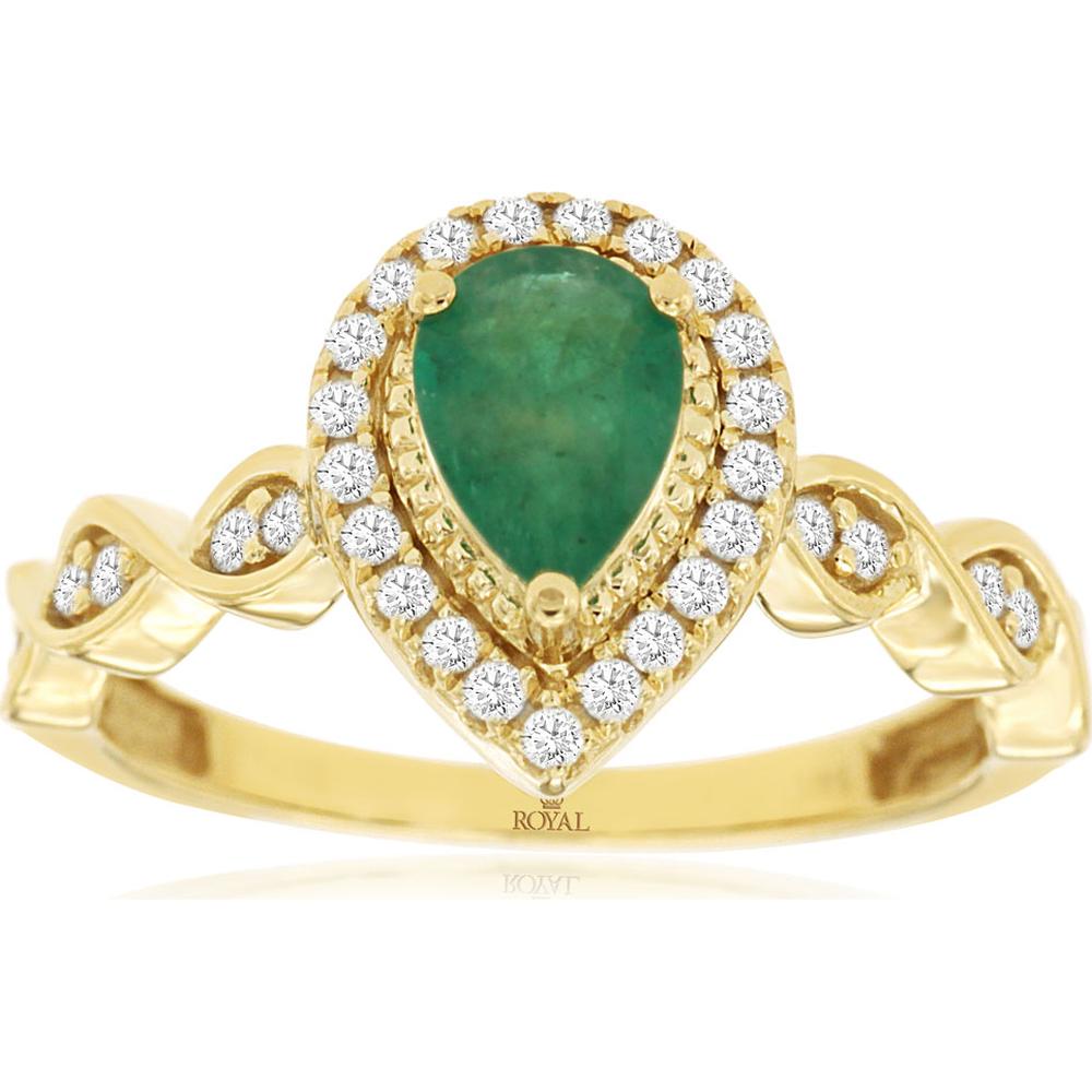 14K Yellow Gold Pear-Shaped Emerald and Diamond Halo Ring with Twisted Band - 0.68 Carat Emerald and 0.26 Carat Diamond Total Weight - Royal Jewelry