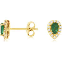 14K Yellow Gold Pear-Shaped Emerald and Diamond Halo Stud Earrings - 0.42 Carat Total Emerald Weight and 0.14 Carat Total Diamond Weight - Royal Jewelry