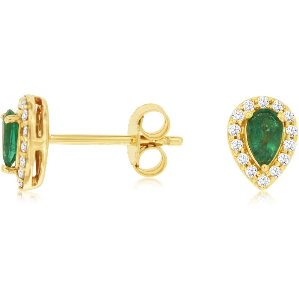 14K Yellow Gold Pear-Shaped Emerald and Diamond Halo Stud Earrings - 0.42 Carat Total Emerald Weight and 0.14 Carat Total Diamond Weight - Royal Jewelry