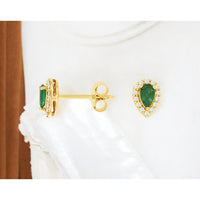 14K Yellow Gold Pear-Shaped Emerald and Diamond Halo Stud Earrings - 0.42 Carat Total Emerald Weight and 0.14 Carat Total Diamond Weight - Royal Jewelry