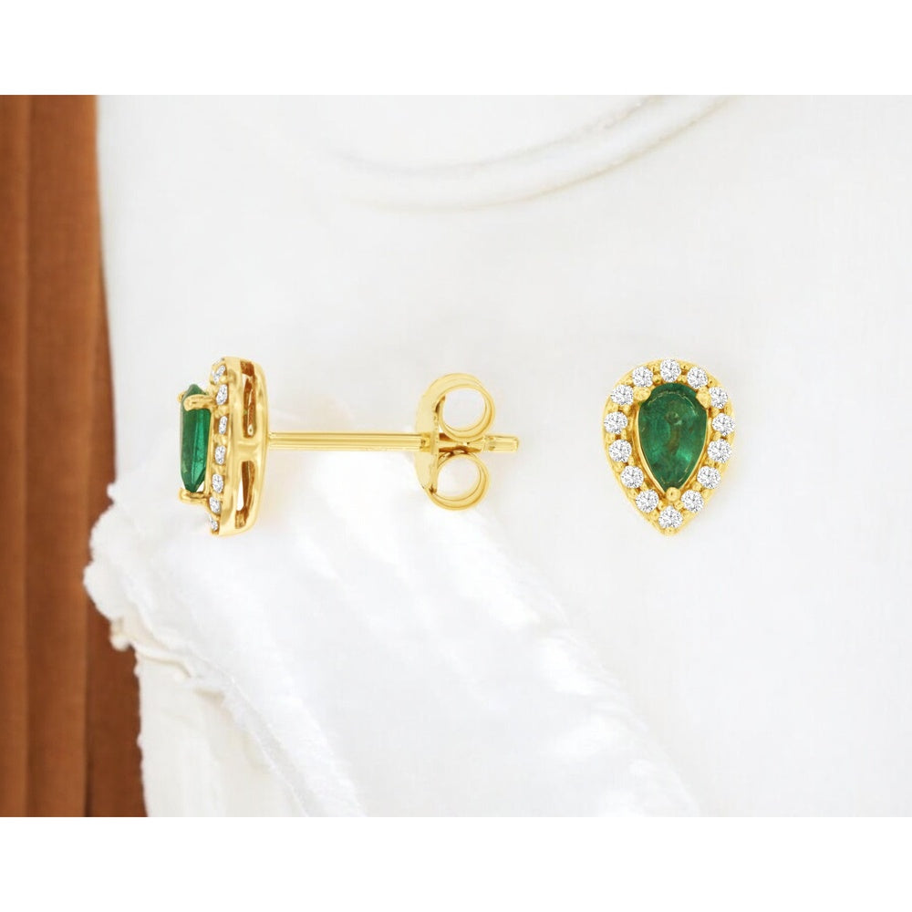 14K Yellow Gold Pear-Shaped Emerald and Diamond Halo Stud Earrings - 0.42 Carat Total Emerald Weight and 0.14 Carat Total Diamond Weight - Royal Jewelry