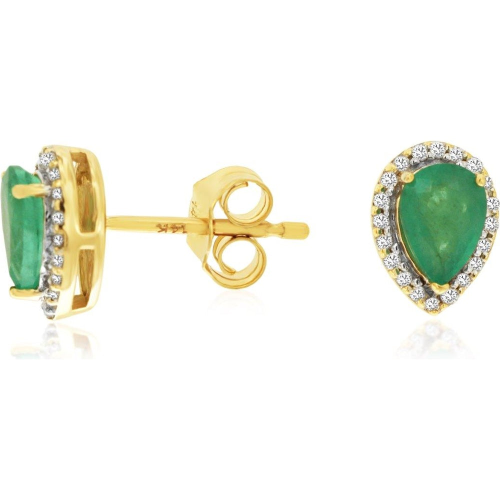 14K Yellow Gold Pear-Shaped Emerald and Diamond Halo Stud Earrings with Push-Back Posts - 0.80 Carat Total Emerald Weight and 0.11 Carat Total Diamond Weight - Royal Jewelry