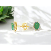 14K Yellow Gold Pear-Shaped Emerald and Diamond Halo Stud Earrings with Push-Back Posts - 0.80 Carat Total Emerald Weight and 0.11 Carat Total Diamond Weight - Royal Jewelry