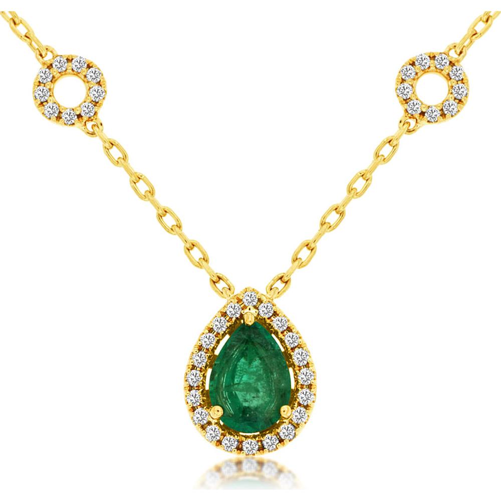 14K Yellow Gold Pear-Shaped Emerald and Diamond Necklace with Halo - 0.68 Carats Emerald and 0.25 Carats Total Diamond Weight