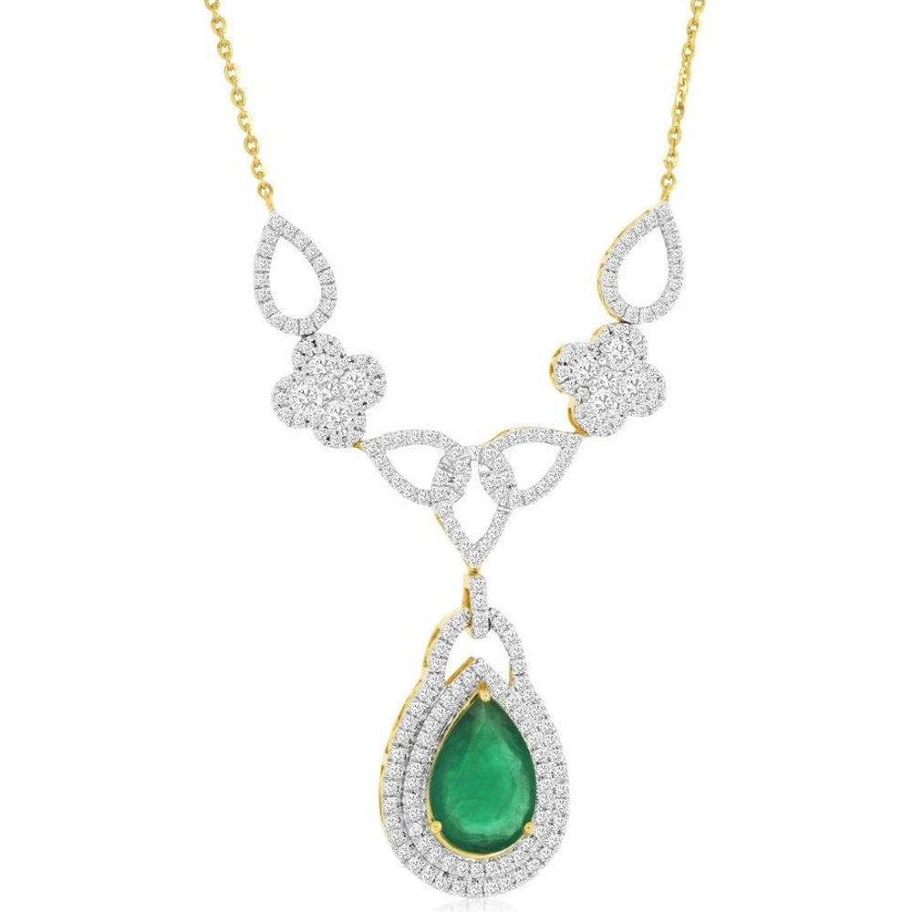 14K Yellow Gold Pear-Shaped Emerald and Diamond Pendant Necklace with Double Halo and Pavé Diamond Cluster Accents - 2.90 Carat Emerald and 1.80 Carat Total Diamond Weight - Royal Jewelry