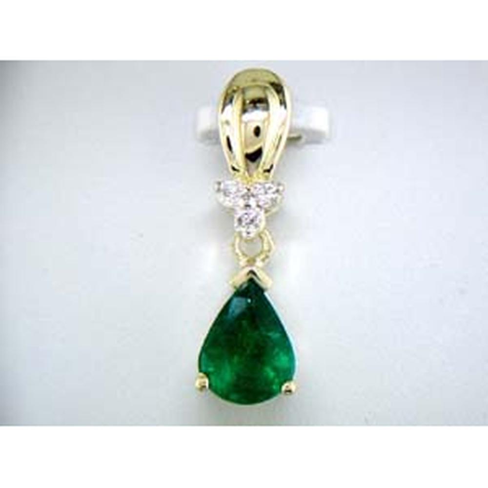 14K Yellow Gold Pear Shaped Emerald and Round Diamond Pendant - 1.00 Carat Emerald and 0.07 Carat Total Diamond Weight - Royal Jewelry