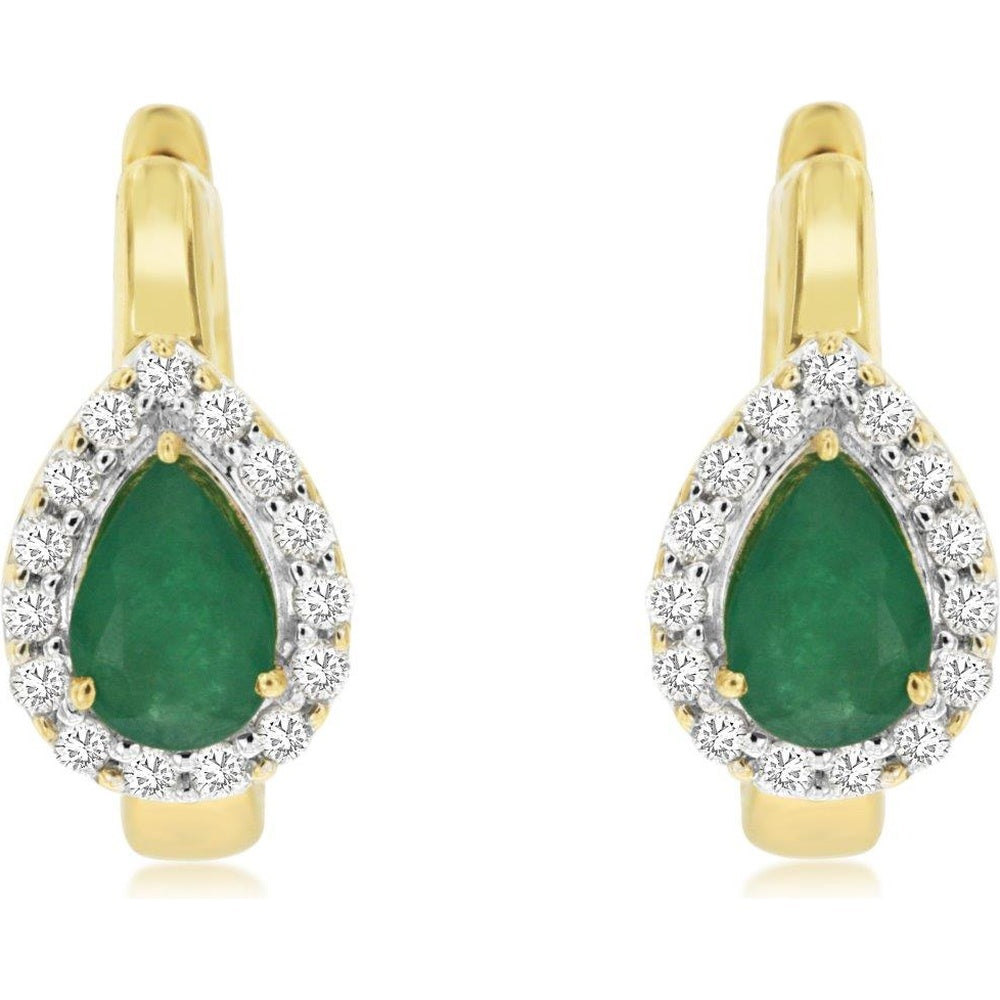 14K Yellow Gold Pear-Shaped Emerald Drop Earrings with Round Diamond Halo - 0.76 Carat Total Emerald Weight and 0.25 Carat Total Diamond Weight - Royal Jewelry