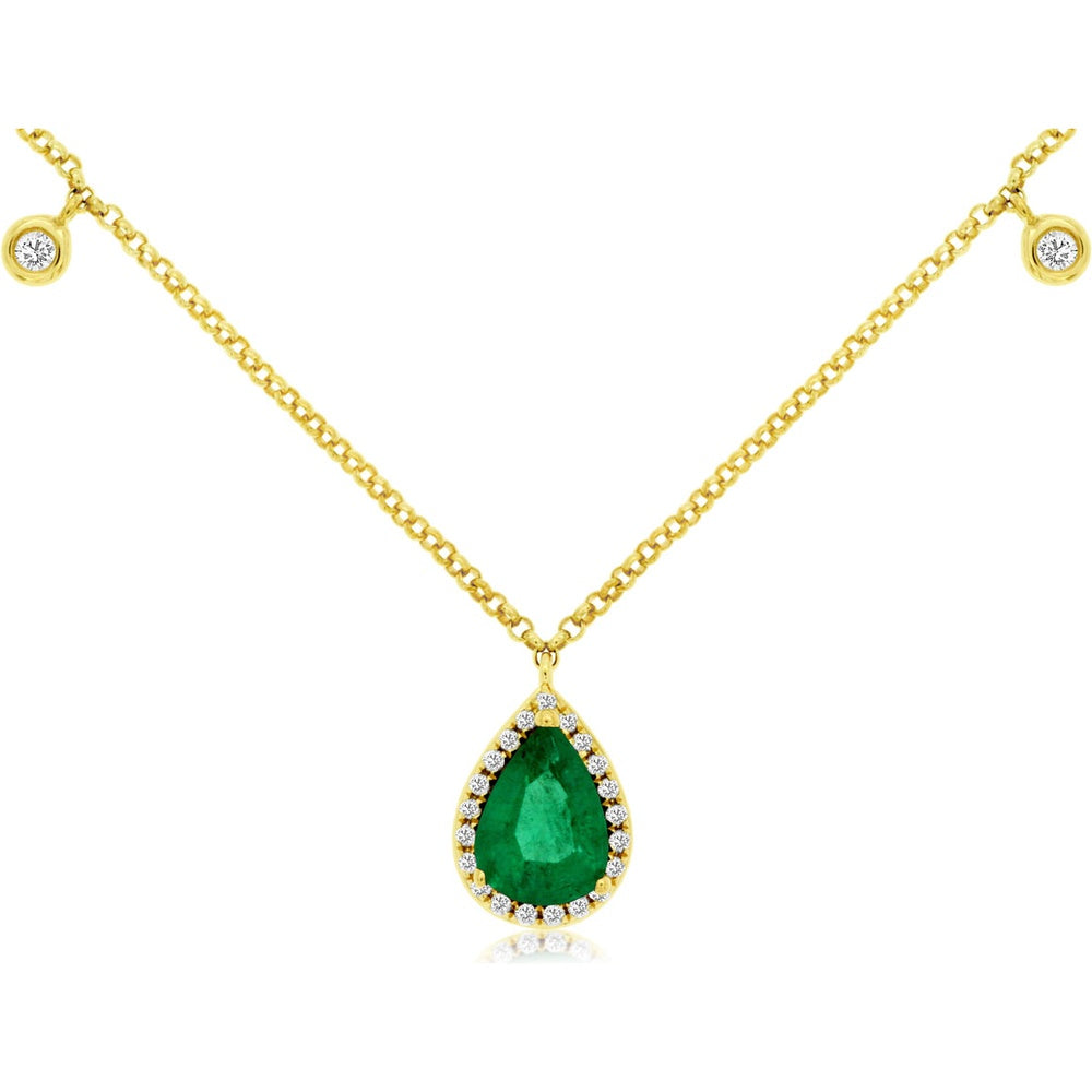 14K Yellow Gold Pear-Shaped Emerald Halo Pendant Necklace with Bezel-Set Diamond Stations - 0.68 Carat Emerald and 0.12 Carat Total Diamond Weight - Royal Jewelry
