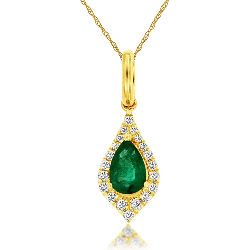 14K Yellow Gold Pear-Shaped Emerald Halo Pendant with 0.38 Carat Emerald and 0.10 Carat Total Weight Round Diamonds - Royal Jewelry