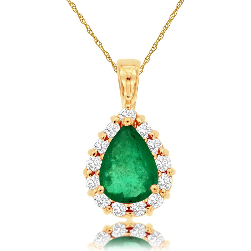 14K Yellow Gold Pear-Shaped Emerald Halo Pendant with Round Diamonds - 1.12 Carat Emerald and 0.30 Carat Total Diamond Weight - Royal Jewelry