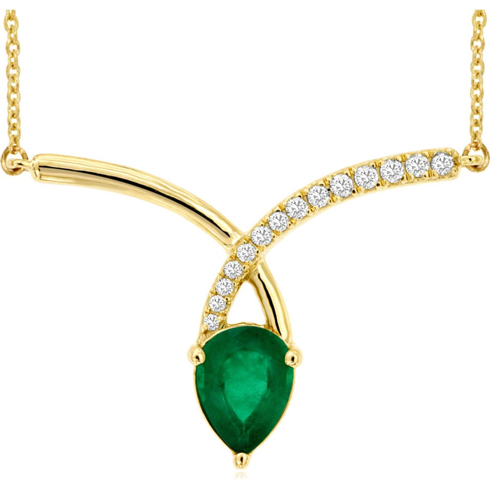 14K Yellow Gold Pear-Shaped Emerald Pendant Necklace with Round Diamond Accents - 1.12 Carat Emerald and 0.14 Carat Total Diamond Weight - Royal Jewelry
