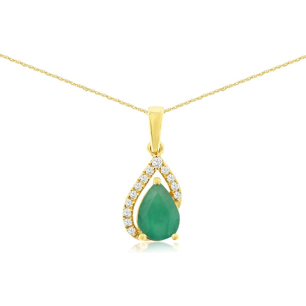 14K Yellow Gold Pear-Shaped Emerald Pendant with Diamond Accent Halo - 0.75 Carat Emerald and 0.07 Carat Total Diamond Weight - Royal Jewelry