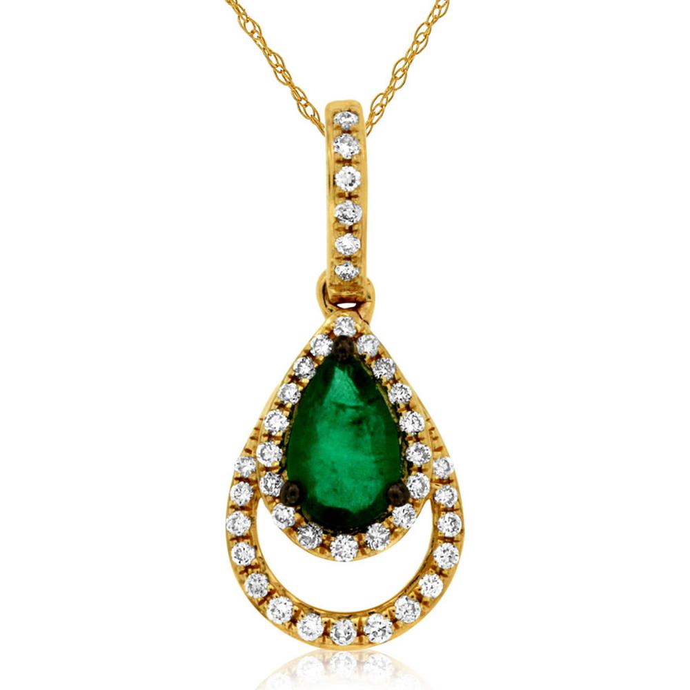 14K Yellow Gold Pear-Shaped Emerald Pendant with Diamond Halo - 0.35 Carat Emerald, 0.11 Carat Diamond Total Weight - Royal Jewelry
