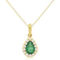 14K Yellow Gold Pear-Shaped Emerald Pendant with Diamond Halo - 0.38 Carat Emerald and 0.12 Carat Total Diamond Weight - Royal Jewelry
