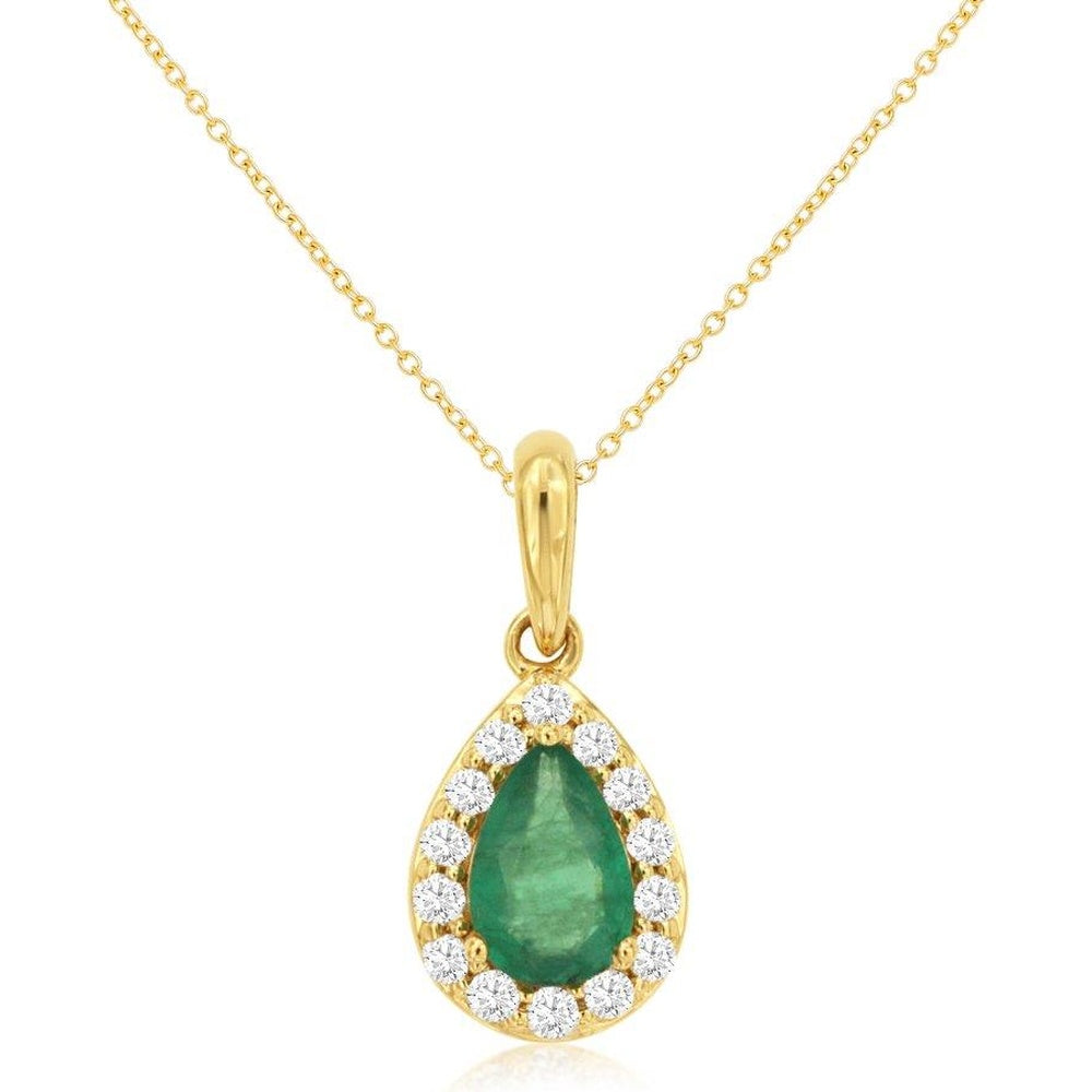 14K Yellow Gold Pear-Shaped Emerald Pendant with Diamond Halo - 0.38 Carat Emerald and 0.12 Carat Total Diamond Weight - Royal Jewelry