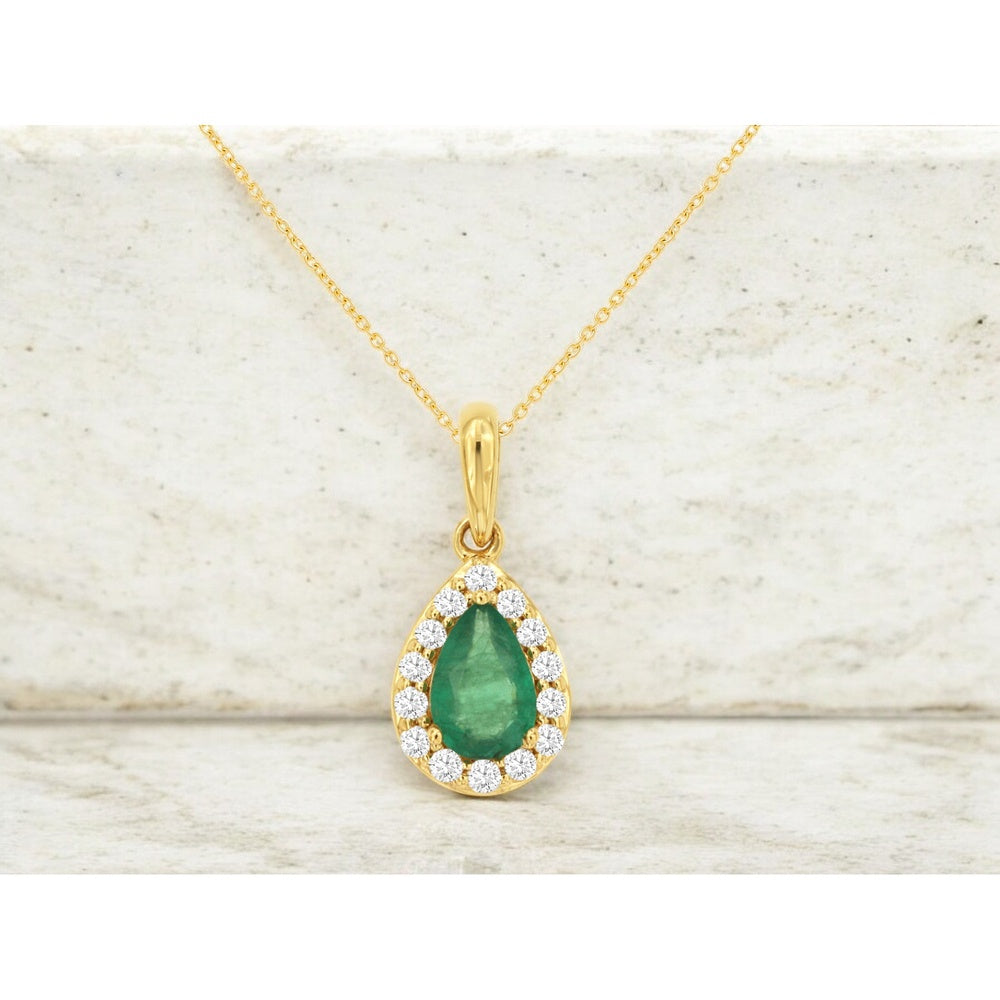 14K Yellow Gold Pear-Shaped Emerald Pendant with Diamond Halo - 0.38 Carat Emerald and 0.12 Carat Total Diamond Weight - Royal Jewelry