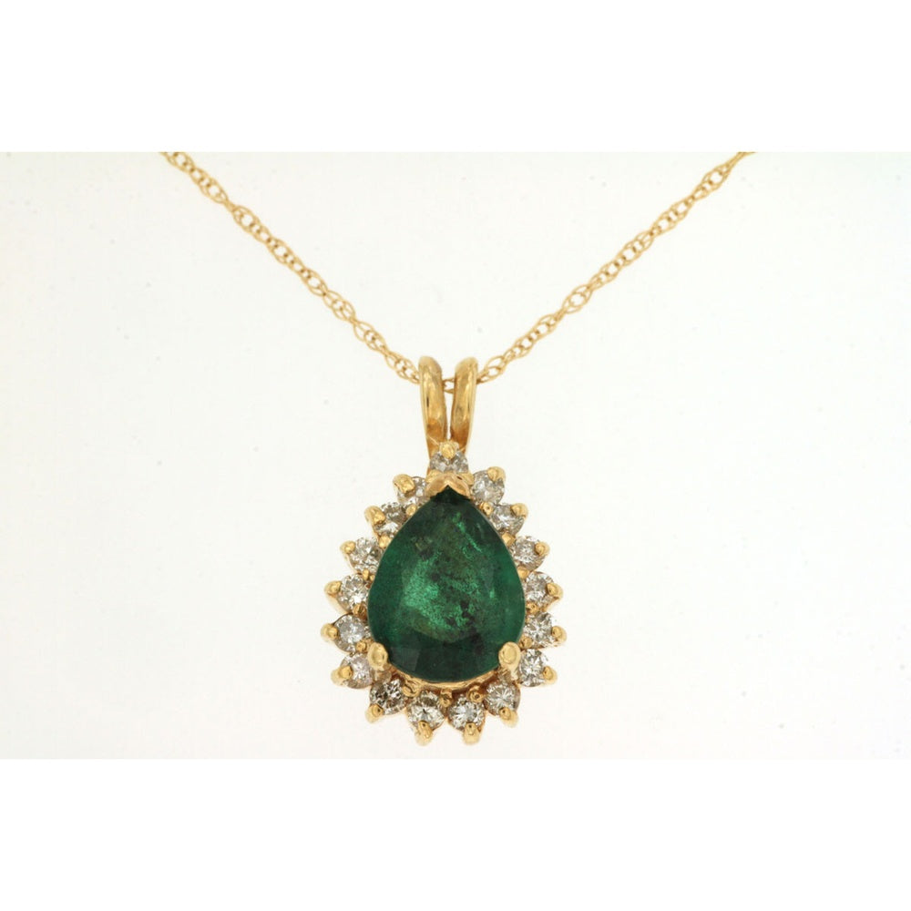 14K Yellow Gold Pear-Shaped Emerald Pendant with Diamond Halo - 1.60 Carat Emerald and 0.40 Carat Total Diamond Weight - Royal Jewelry