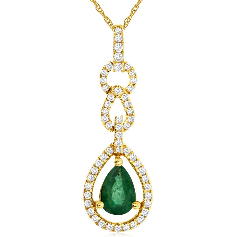 14K Yellow Gold Pear-Shaped Emerald Pendant with Diamond Halo and Interlocking Diamond-Encrusted Loops - 0.58 Carat Emerald and 0.26 Carat Total Diamond Weight - Royal Jewelry