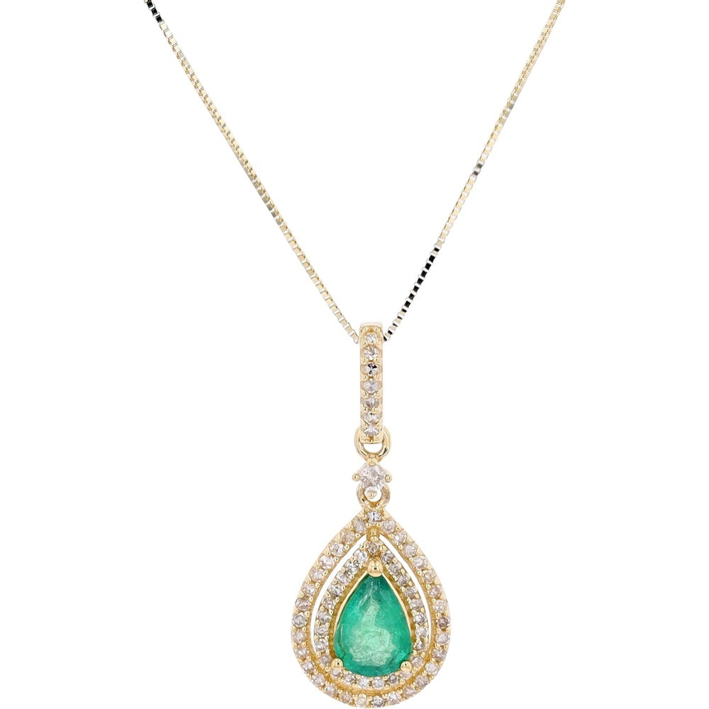 14K Yellow Gold Pear-Shaped Emerald Pendant with Double Diamond Halo - 0.61 Carat Emerald and 0.25 Carat Total Diamond Weight
