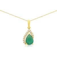 14K Yellow Gold Pear-Shaped Emerald Pendant with Pavé-Set Diamond Halo - 0.75 Carat Emerald and 0.07 Carat Total Diamond Weight - Royal Jewelry