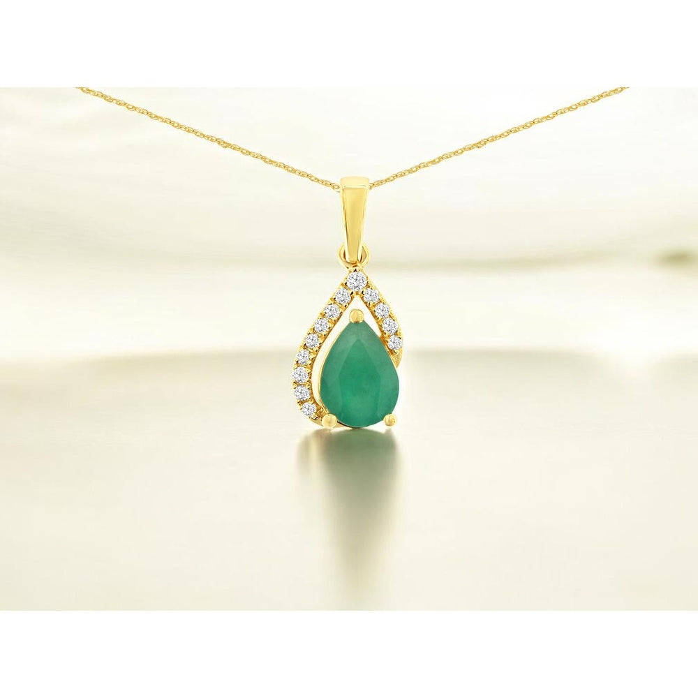 14K Yellow Gold Pear-Shaped Emerald Pendant with Pavé-Set Diamond Halo - 0.75 Carat Emerald and 0.07 Carat Total Diamond Weight - Royal Jewelry