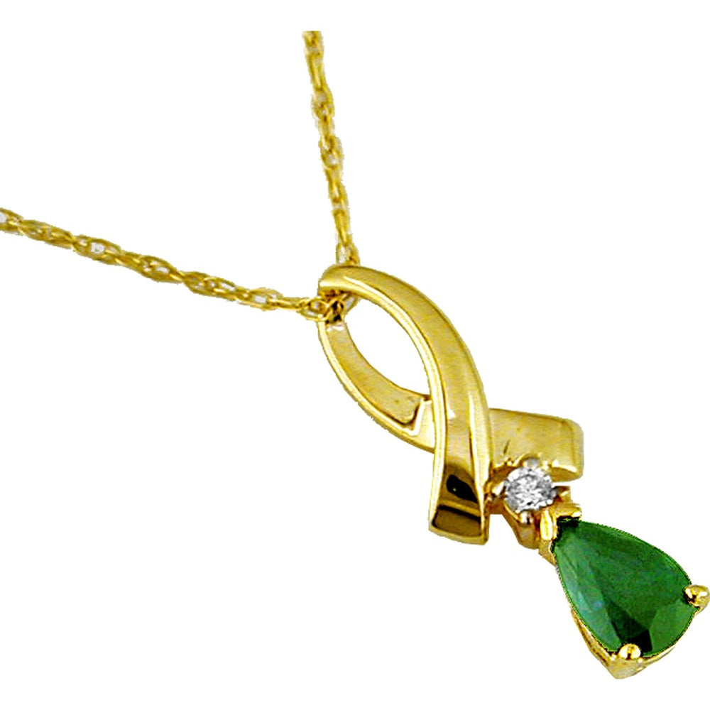 14K Yellow Gold Pear-Shaped Emerald Pendant with Round Diamond Accent - 0.40 Carat Emerald and 0.03 Carat Diamond Total Weight - Royal Jewelry