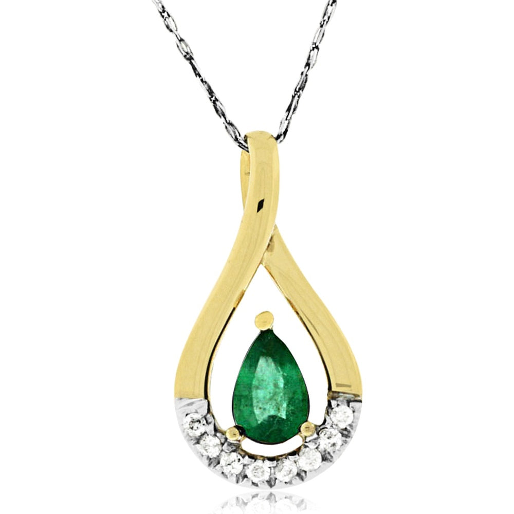 14K Yellow Gold Pear-Shaped Emerald Pendant with Round Diamond Accents - 0.38 Carat Emerald and 0.06 Carat Total Diamond Weight - Royal Jewelry