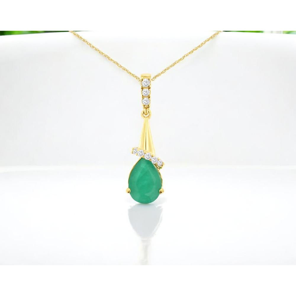 14K Yellow Gold Pear Shaped Emerald Pendant with Round Diamond Accents - 0.66 Carat Emerald & 0.05 Carat Diamond Weight - Royal Jewelry