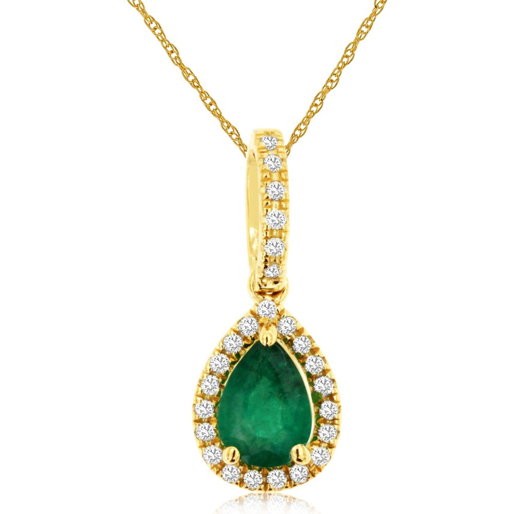 14K Yellow Gold Pear-Shaped Emerald Pendant with Round Diamond Halo and Diamond-Encrusted Bail - 0.68 Carat Emerald and 0.13 Carat Total Diamond Weight - Royal Jewelry