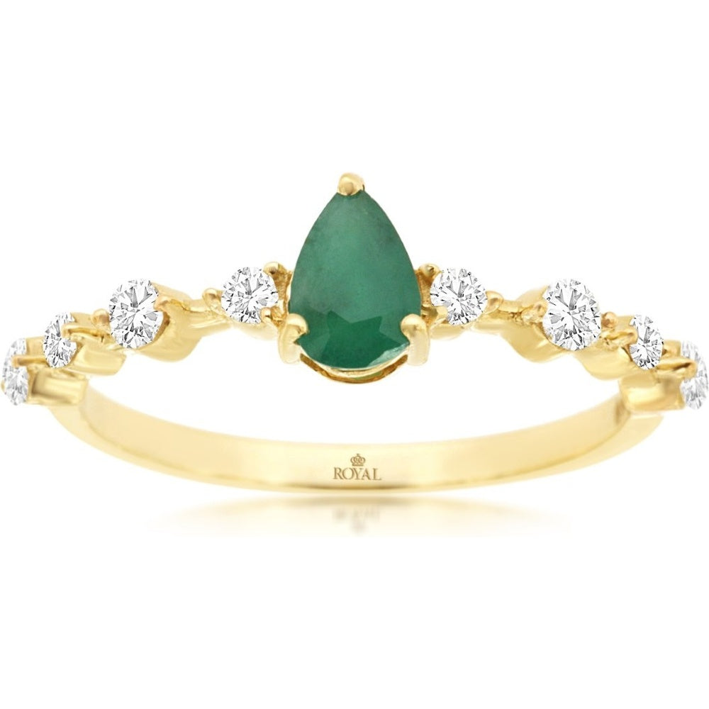 14K Yellow Gold Pear-Shaped Emerald Ring with Round Diamond Accents - 0.43 Carat Emerald and 0.25 Carat Total Diamond Weight - Royal Jewelry